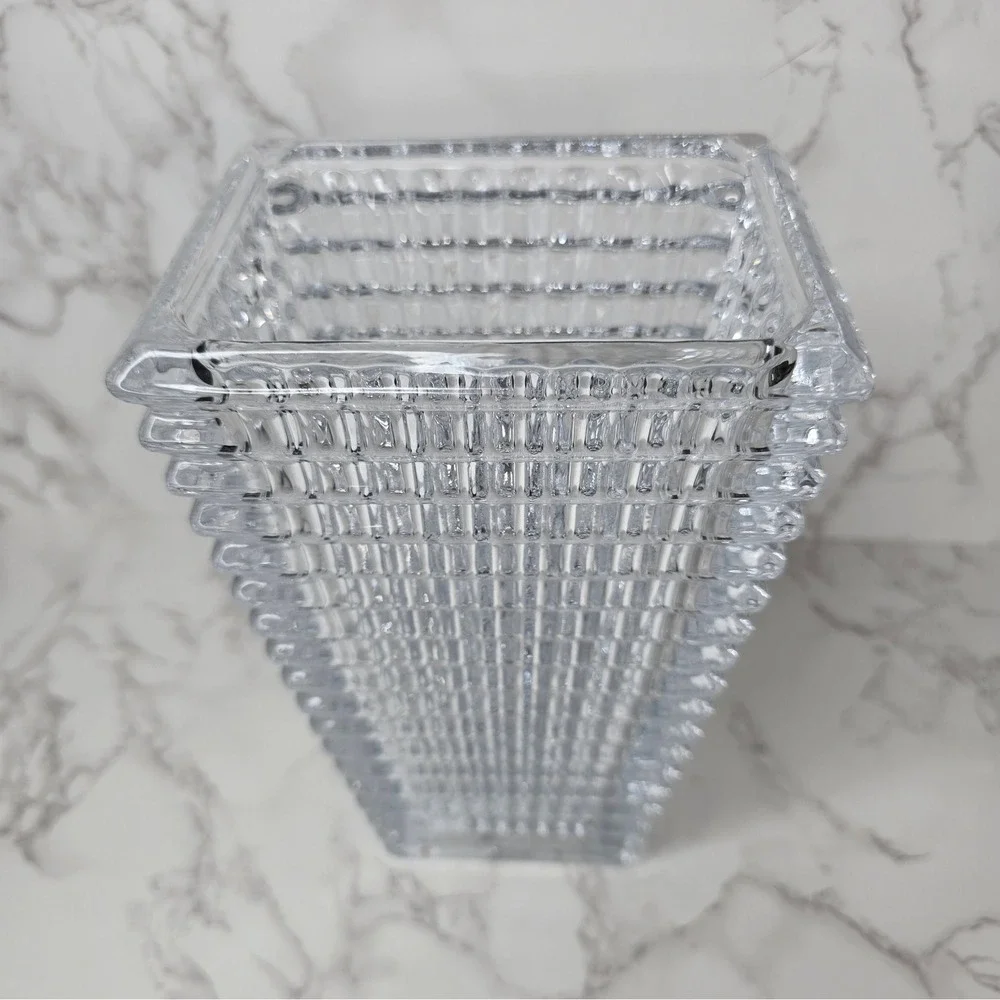 Heavy Clear Crystal Ribbed Tapered Rectangular Vase 10 Inch Modern Decor